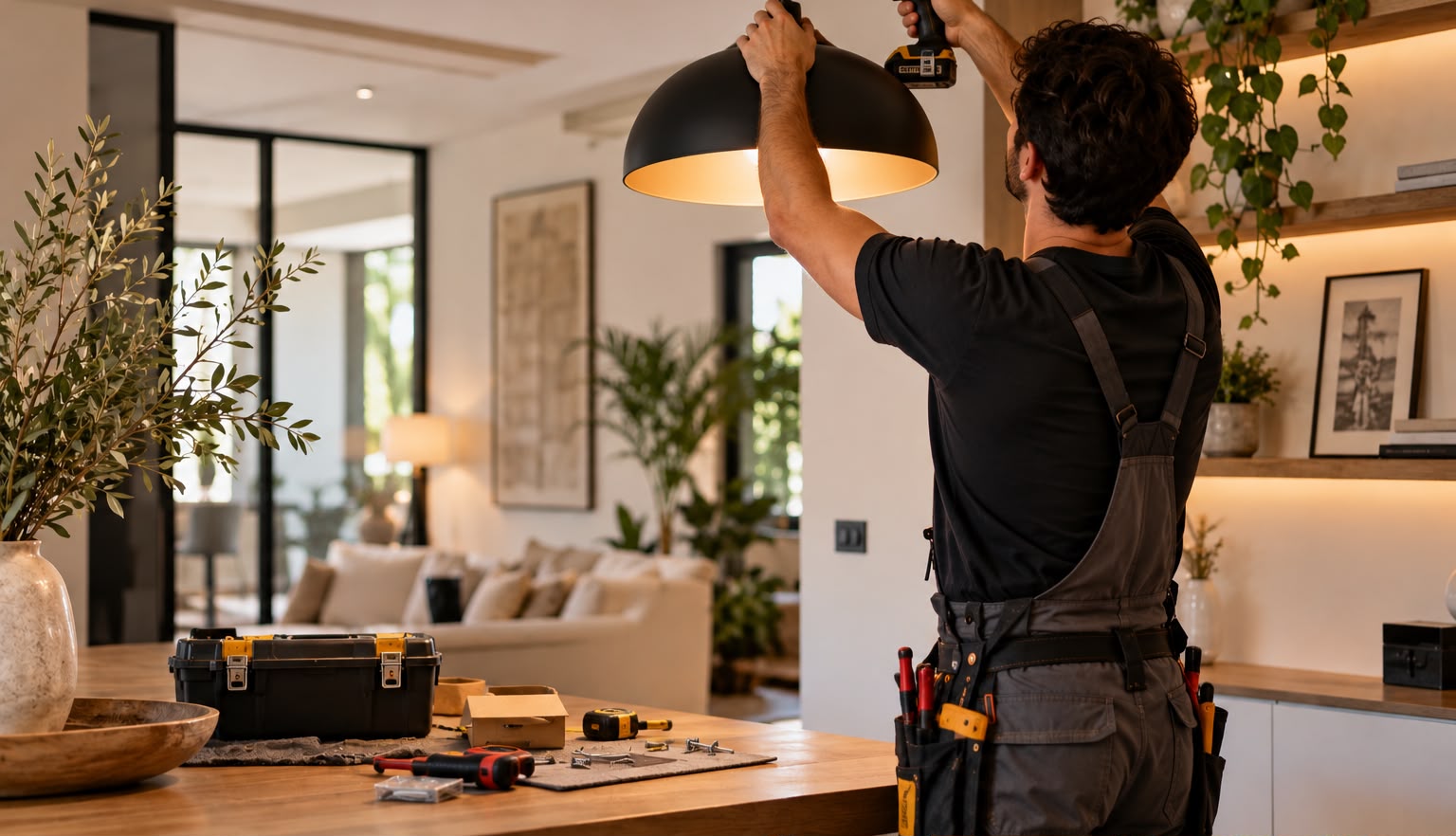 Profesional instalando una lámpara en un salón