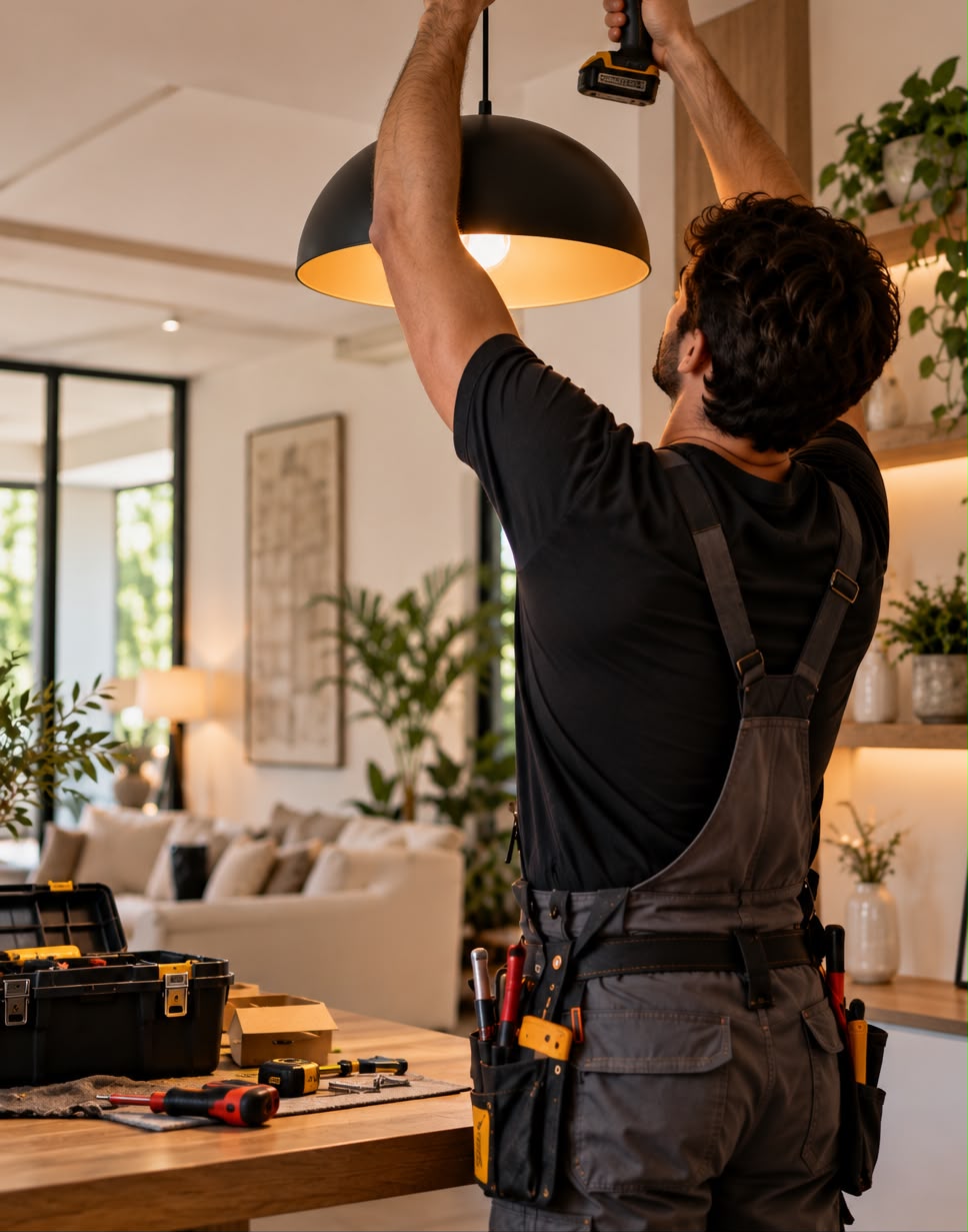 Profesional instalando una lámpara en un salón